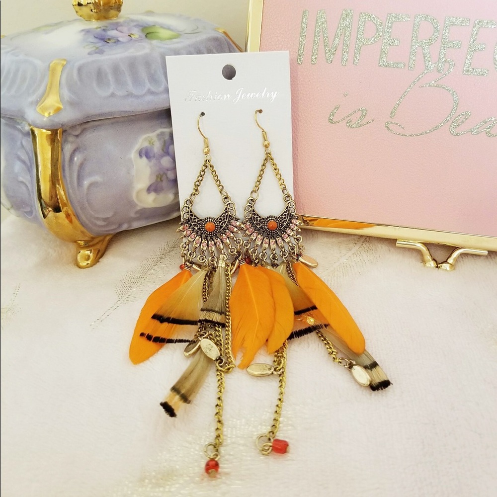 Orange feather with beads earrings